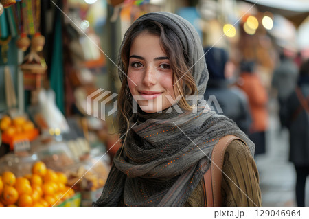 Portrait of pretty Middle Eastern young woman with head covered with a headscarf exploring a bustling food market, colorful stalls with colorful fruits on the background. Travel and vacation concept Portrait of pretty Middle Eastern young woman with head covered with a headscarf exploring a bustling food market, colorful stalls with colorful fruits on the background. Travel and vacation concept 129046964