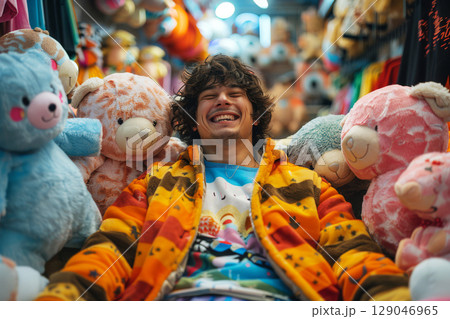 Jovial, rotund happy male lying in room surrounded by an array of colorful plush toys and quirky decorations. Happy grown man fooling around and pretending to be a child Jovial, rotund happy male lying in room surrounded by an array of colorful plush toys and quirky decorations. Happy grown man fooling around and pretending to be a child 129046965