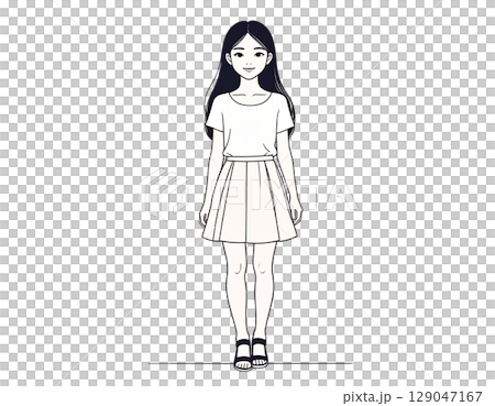 穿著簡單夏裝和涼鞋的女孩的全身插圖，平面插圖 129047167