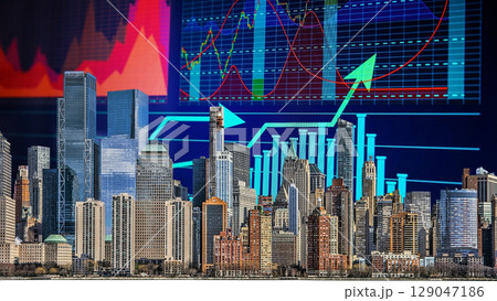 businessman hand writing on paper with graph chart and pen on city background with city buildings, skyscrapers and skyscrapers 129047186
