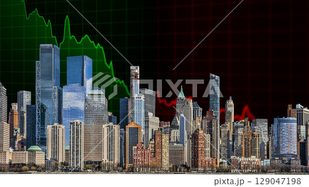 businessman hand writing on paper with graph chart and pen on city background with city buildings, skyscrapers and skyscrapers 129047198