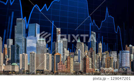 businessman hand writing on paper with graph chart and pen on city background with city buildings, skyscrapers and skyscrapers 129047201
