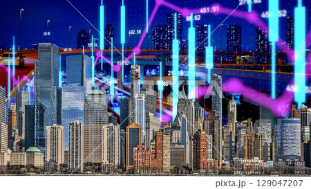 businessman hand writing on paper with graph chart and pen on city background with city buildings, skyscrapers and skyscrapers 129047207