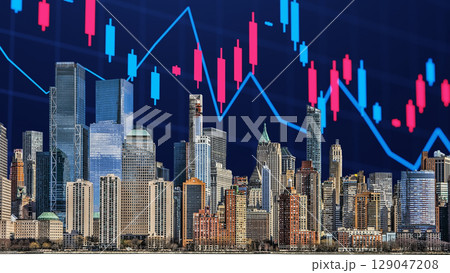 businessman hand writing on paper with graph chart and pen on city background with city buildings, skyscrapers and skyscrapers 129047208