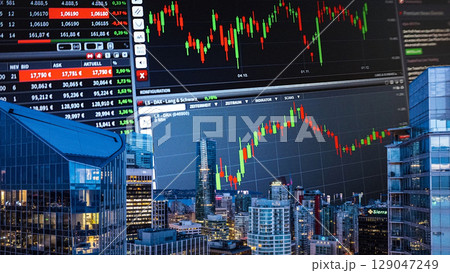 businessman hand writing on paper with graph chart and pen on city background with city buildings, skyscrapers and skyscrapers 129047249