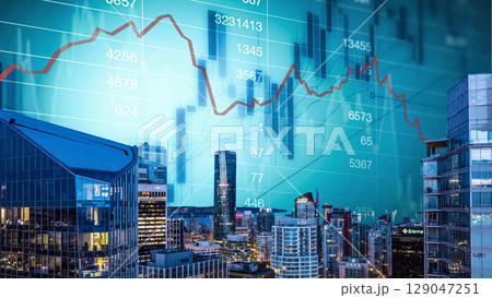 businessman hand writing on paper with graph chart and pen on city background with city buildings, skyscrapers and skyscrapers 129047251