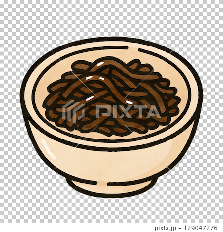A cute hand-drawn tsukudani icon of kelp served in a small bowl 129047276