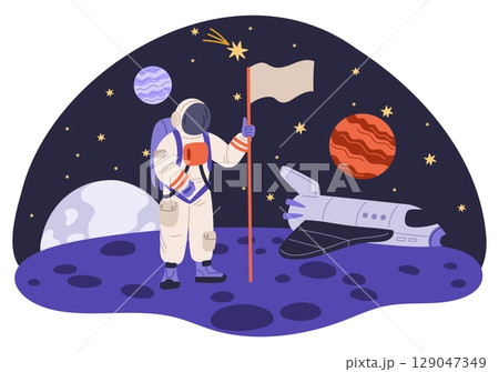 Astronaut explorer in hazmat suit on new planet. Cosmonaut with flag in hand among stars. Spacewalk explore. Astronomy science. Galaxy discovery. Universe exploration. Vector concept 129047349
