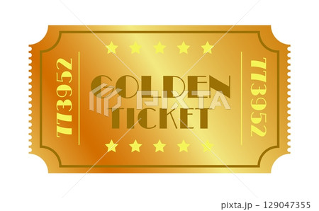 Beautiful golden ticket. Lottery winner. Raffle coupon design template. VIP pass. Cinema or theater luxury entry. Shiny exclusive certificate with number. Vector concert show gold label 129047355