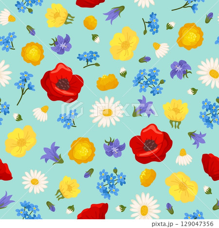 Beautiful spring wildflowers seamless pattern. Meadow poppies. Summer daisies. Bells and chamomiles. Repeated print. Blooming plants. Wild blossoms bouquet. Vector floral background Beautiful spring wildflowers seamless pattern. Meadow poppies. Summer daisies. Bells and chamomiles. Repeated print. Blooming plants. Wild blossoms bouquet. Vector floral background 129047356