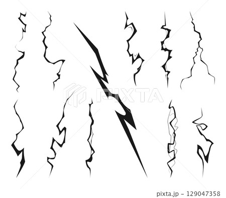 Black lightning bolt icons. Simple thunderbolt symbols. Electric strikes. Different zigzag shapes. Energy discharge. Thunderstorm sky blasts. Silhouette power charge signs vector set 129047358