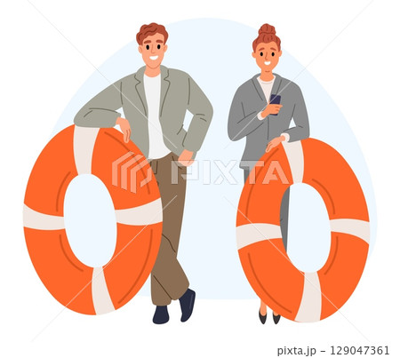 Businessman and businesswoman holding lifeline. Assistant helping customers solve problems. Business solution. Young man and woman find decision. Assistance helpdesk. Vector concept 129047361