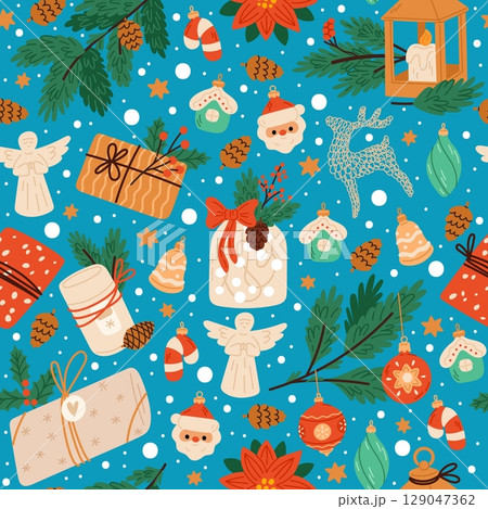 Christmas celebration items. Xmas seamless pattern. Spruce branches. Holiday balloons. Candles and gift boxes. Repeated wrapping print. Fir tree balls. Santa presents. Vector background 129047362