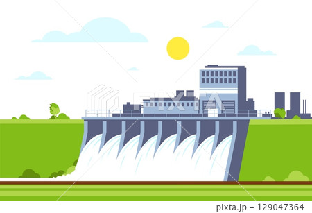 Construction of hydroelectric power plant with falling water and green environment. Hydroelectricity generation. Industrial powerhouse. Hydropower turbines. Renewable energy vector concept 129047364