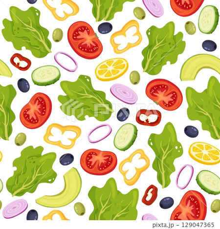Cut vegetables seamless pattern. Fresh peppers and tomato. Repeated print. Cucumber piece. Salad slice. Olives and onion. Lettuce leaves. Vegan food. Ripe avocado. Vector background Cut vegetables seamless pattern. Fresh peppers and tomato. Repeated print. Cucumber piece. Salad slice. Olives and onion. Lettuce leaves. Vegan food. Ripe avocado. Vector background 129047365