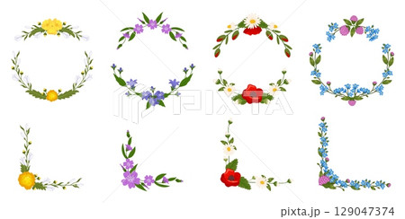 Floral frames in circle and corner shapes. Spring flowers. Holiday wreath. Anniversary wildflowers bouquet. Blooming plants. Dandelions and poppies border. Vector holiday decorations set Floral frames in circle and corner shapes. Spring flowers. Holiday wreath. Anniversary wildflowers bouquet. Blooming plants. Dandelions and poppies border. Vector holiday decorations set 129047374
