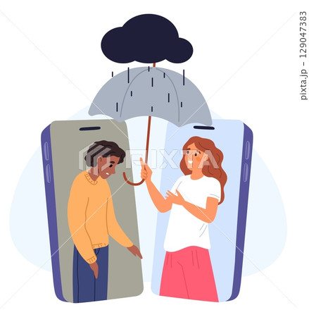 Girl comforts her friend over phone. Support and care for people with psychological problems. Mobile online communication. Assistance and empathy. Smartphone screens. Vector concept Girl comforts her friend over phone. Support and care for people with psychological problems. Mobile online communication. Assistance and empathy. Smartphone screens. Vector concept 129047383