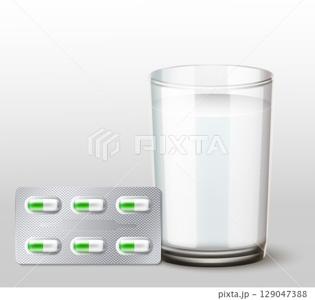 Realistic glass of clean drinking water and pills in blister. Medication tablets. Pharmaceutical capsules. Prescription meds. Vitamin and painkiller. Medical treatment. Vector 3D objects 129047388