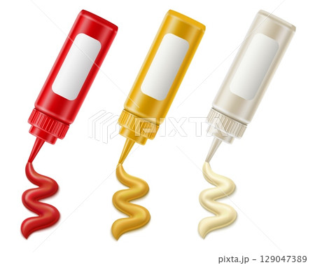 Realistic plastic bottles. Sauce squeeze. Dispensers for mayonnaise and mustard. Ketchup package with blank label. Condiment dressing taste. Food container mockup. Vector 3D objects set Realistic plastic bottles. Sauce squeeze. Dispensers for mayonnaise and mustard. Ketchup package with blank label. Condiment dressing taste. Food container mockup. Vector 3D objects set 129047389