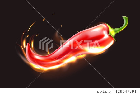 Realistic red hot chili pepper in tongues of flame on black background. Paprika burning taste. Mexican kitchen. Spice product. Blazing fire. Cooking ingredient. Vector 3D food object Realistic red hot chili pepper in tongues of flame on black background. Paprika burning taste. Mexican kitchen. Spice product. Blazing fire. Cooking ingredient. Vector 3D food object 129047391