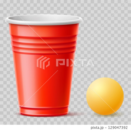 Realistic red plastic beer glass and yellow ball for beer pong game. Booze challenge. Party competition. Alcohol drink disposable cup. Pingpong throw aim. Bar tournament. Vector 3D object 129047392