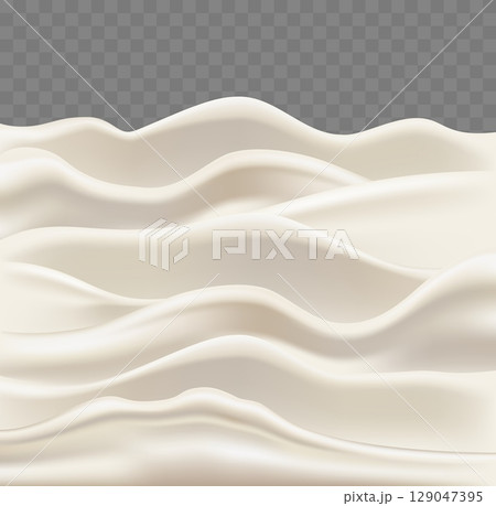 Realistic texture of white yogurt. Cream or mayonnaise on transparent background. Milk foam. Fluid smooth glaze. Milkshake soft splash. Sauce and lotion surface. Wavy layers vector border 129047395