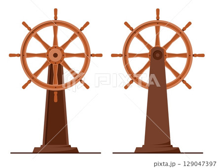 Wooden ships helm on rack front and back view. Sailing boat driving. Water transport. Nautical boat wood steering wheel. Yacht navigation control. Sea summer vacation. Vector concept Wooden ships helm on rack front and back view. Sailing boat driving. Water transport. Nautical boat wood steering wheel. Yacht navigation control. Sea summer vacation. Vector concept 129047397