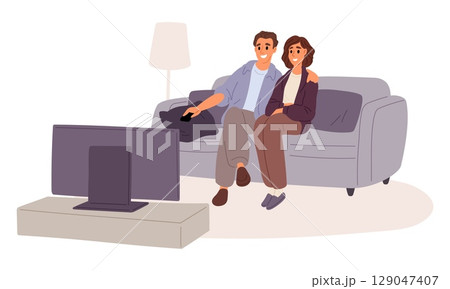 Young couple watching TV movie. Man and woman sitting on couch in apartment. People at television. Home entertainment. Wife and husband comfortable leisure. Video film. Vector concept Young couple watching TV movie. Man and woman sitting on couch in apartment. People at television. Home entertainment. Wife and husband comfortable leisure. Video film. Vector concept 129047407