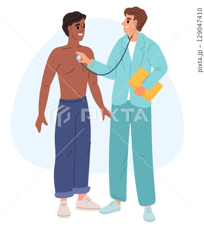 Young male doctor listens heartbeat with stethoscope to chest of guy patient. Physician consultation. Medical appointment. Visit in hospital. Health medic diagnostic. Vector concept Young male doctor listens heartbeat with stethoscope to chest of guy patient. Physician consultation. Medical appointment. Visit in hospital. Health medic diagnostic. Vector concept 129047410