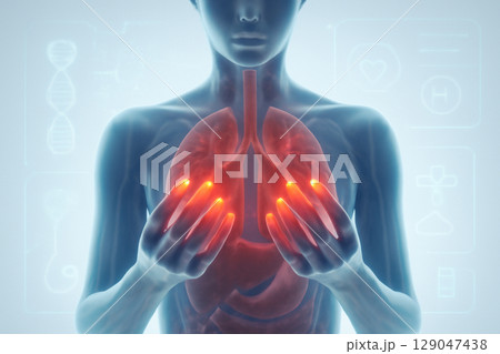 AI generated futuristic medical sci-fi artwork featuring a glowing fingernail concept symbolizing vitality and health. The human figure shows a transparent body with glowing nails and visible anatomy 129047438