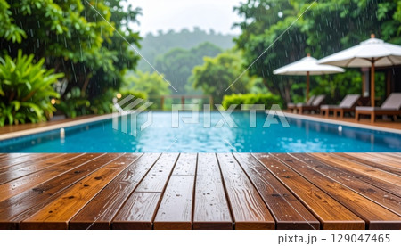 Tropical luxury resort swimming pool with clear blue water, palm trees, and a serene sky, perfect for a relaxing summer vacation Tropical luxury resort swimming pool with clear blue water, palm trees, and a serene sky, perfect for a relaxing summer vacation 129047465