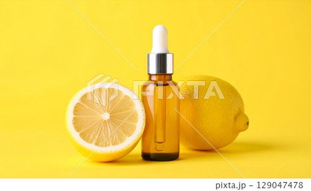 Serum glass bottle with lemon on yellow background 129047478