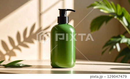 Glass green bottle on beige background, mock up, shadow from window. Glass green bottle on beige background, mock up, shadow from window. 129047479