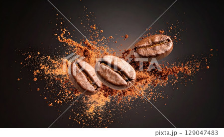 Roasted coffee beans isolated on black background for a cafe macro shot Roasted coffee beans isolated on black background for a cafe macro shot 129047483