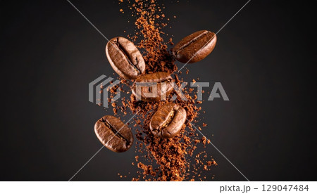Roasted coffee beans isolated on black background for a cafe macro shot Roasted coffee beans isolated on black background for a cafe macro shot 129047484