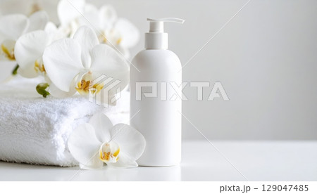 White towel with orchids flowers, isolated spa beauty care products like bottles, creams, and soaps for a healthy and clean bath treatment 129047485