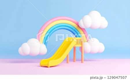 3D Slide and Rainbow on Pastel Background 129047507