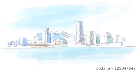 一筆書きで描いた、横浜 みなとみらいと富士山の見える海辺の風景です。Yokohama, Japan 一筆書きで描いた、横浜 みなとみらいと富士山の見える海辺の風景です。Yokohama, Japan 129047648