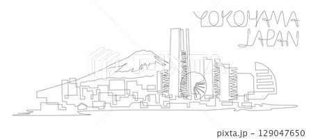 一筆書きで描いた、横浜 みなとみらいと富士山の見える海辺の風景です。Yokohama, Japan 一筆書きで描いた、横浜 みなとみらいと富士山の見える海辺の風景です。Yokohama, Japan 129047650