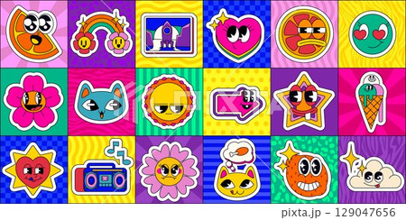 Retro pop emoticon grid Retro pop emoticon grid 129047656