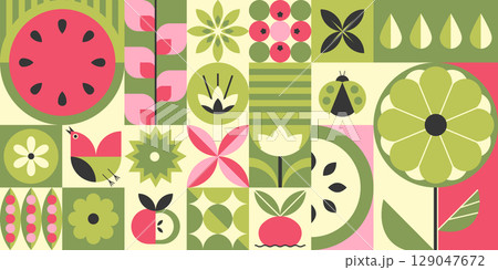 Bauhaus plant mosaic with geometric fruit patterns Bauhaus plant mosaic with geometric fruit patterns 129047672