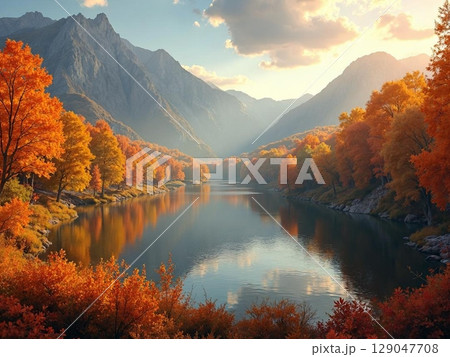 紅葉と山に囲まれた湖の風景 129047708