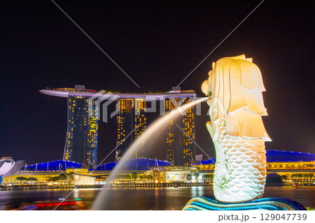 シンガポール共和国 中心部ダウンタウンコアのマーライオンやマリーナベイサンズの夜景 シンガポール共和国 中心部ダウンタウンコアのマーライオンやマリーナベイサンズの夜景 129047739