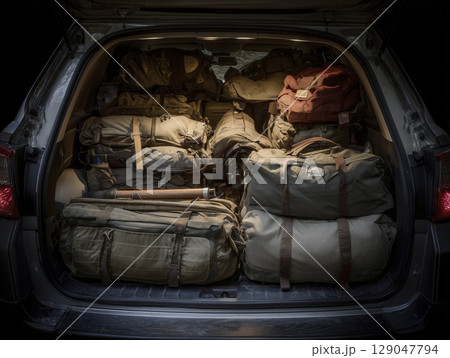 Packed vehicle trunk filled with camping gear and bags, ready for outdoor adventure, showing organized equipment for travel and camping trips 129047794