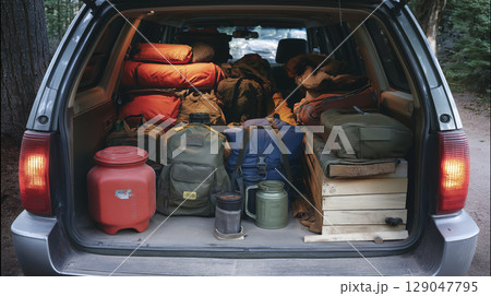 Packed vehicle trunk filled with camping gear, backpacks, sleeping bags, and supplies ready for outdoor adventure in forest setting, evoking excitement and anticipation for camping trip Packed vehicle trunk filled with camping gear, backpacks, sleeping bags, and supplies ready for outdoor adventure in forest setting, evoking excitement and anticipation for camping trip 129047795