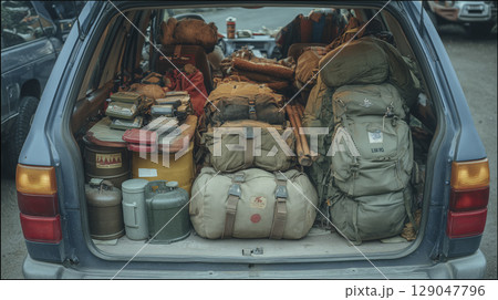 Car trunk filled with camping gear and supplies, packed tightly for travel, showing various bags, containers, and equipment ready for outdoor adventure, conveying sense of preparedness Car trunk filled with camping gear and supplies, packed tightly for travel, showing various bags, containers, and equipment ready for outdoor adventure, conveying sense of preparedness 129047796
