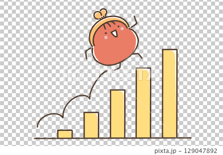 右肩上がりの棒グラフの上を駆け上がっていくおサイフさん 129047892