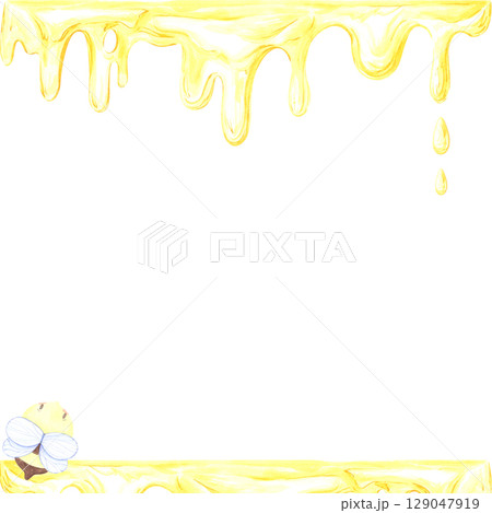 Golden honey liquid with stains and a bee frame border, hand drawn watercolor illustration isolated on white background. Can be used for label, postcards and other printed products. Golden honey liquid with stains and a bee frame border, hand drawn watercolor illustration isolated on white background. Can be used for label, postcards and other printed products. 129047919