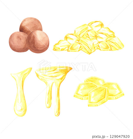 Golden honey products, hand drawn watercolor beeswax beebread and cells isolated on white background. Can be used for postcards, scrapbooking and other printed products. 129047920