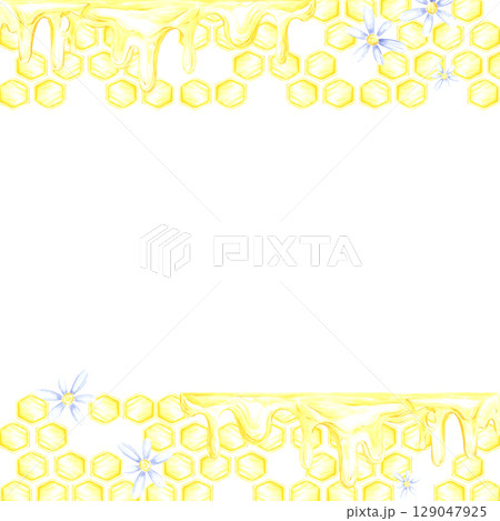 Golden honey comb frame border, hand drawn watercolor cell with chamomiles illustration isolated on white background. Can be used for cards, invitation and other printed products. 129047925
